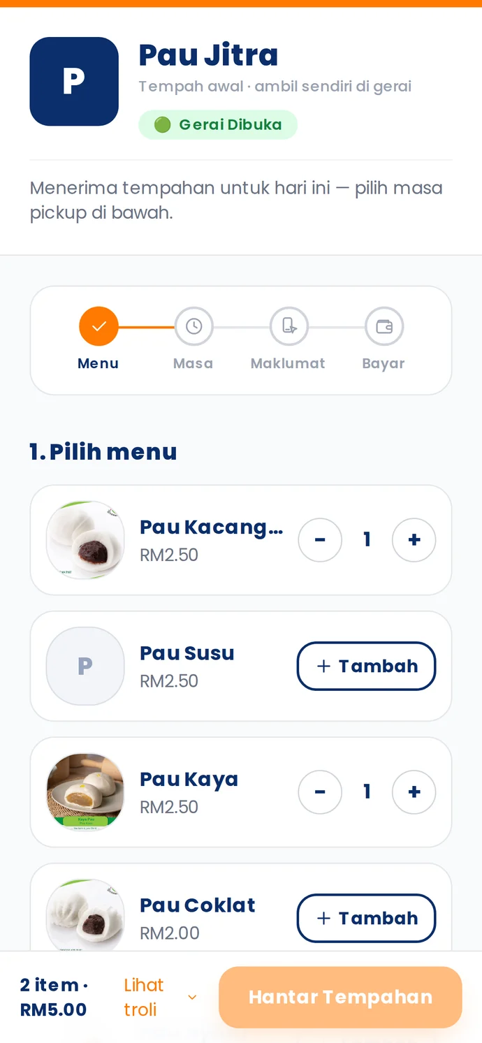 Halaman tempahan gerai TempahNow di telefon